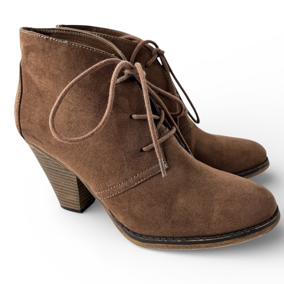 MIA Shoes - Mia Boots Size 8 M Sean Ankle Bootie Brown Lace Up Round Toe Cone Heels Vegan
